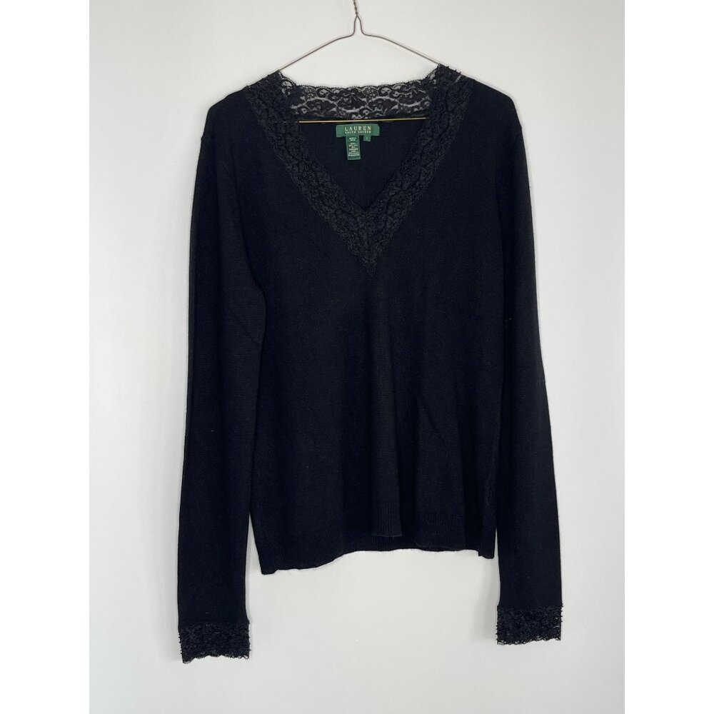 Lauren Ralph Lauren Silk Cashmere‎ Black V-Neck Sweater Lace Bead Accents Large